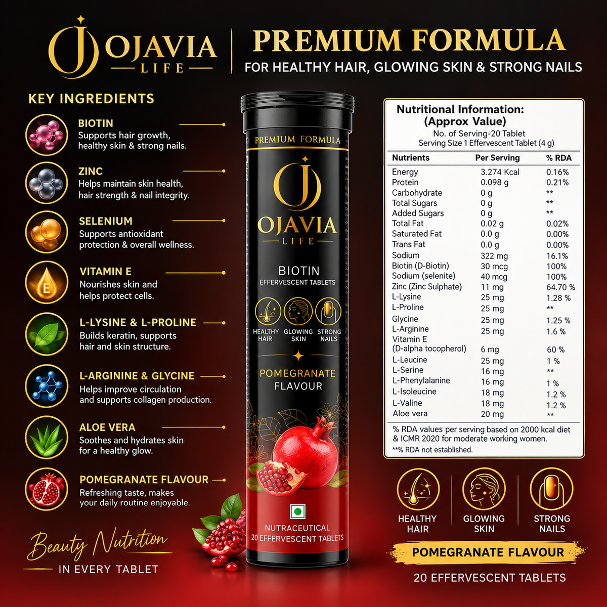 Ojavia Life Premium Biotin Effervescent Tablets | Hair, Skin & Nail Supplement with Zinc, Selenium & L-Lysine
