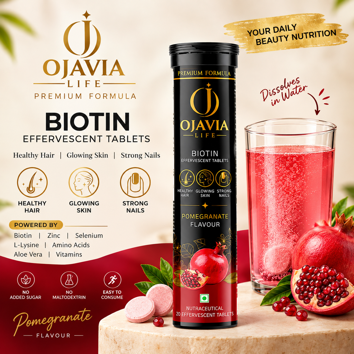 Ojavia Life Premium Biotin Effervescent Tablets | Hair, Skin & Nail Supplement with Zinc, Selenium & L-Lysine