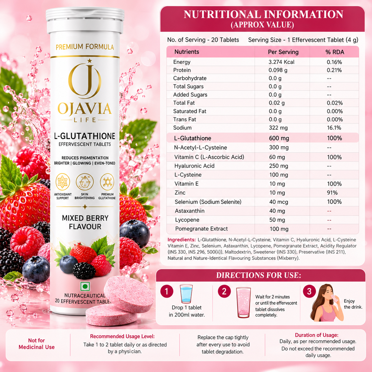 OJAVIA LIFE Premium Formulation 1000mg+ L-Glutathione Effervescent Tablets with Vitamin C, Hyaluronic Acid, Zinc & Vitamin E | Mixed Berry