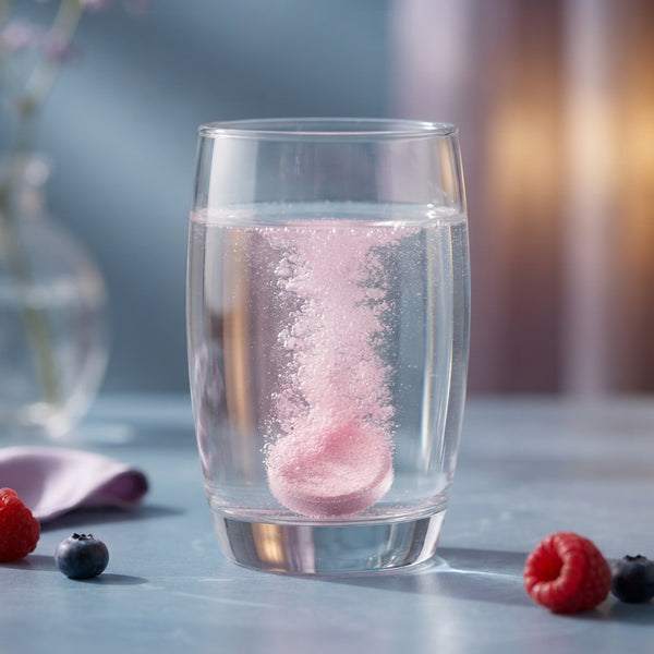A close-up shot of an effervescent tablet dissolving in water, creating sparkling bubbles in a clean, elegant setting.